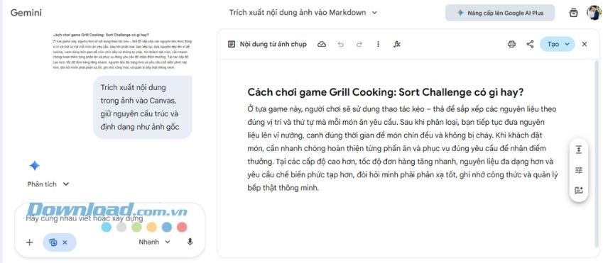 Đợi một lát để Gemini Canvas sẽ trả về nội dung đã chuyển đổi.