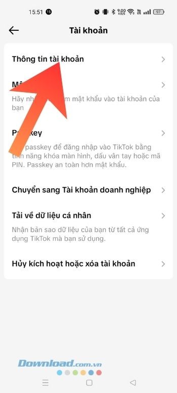 Chạm vào mục Thông tin tài khoản