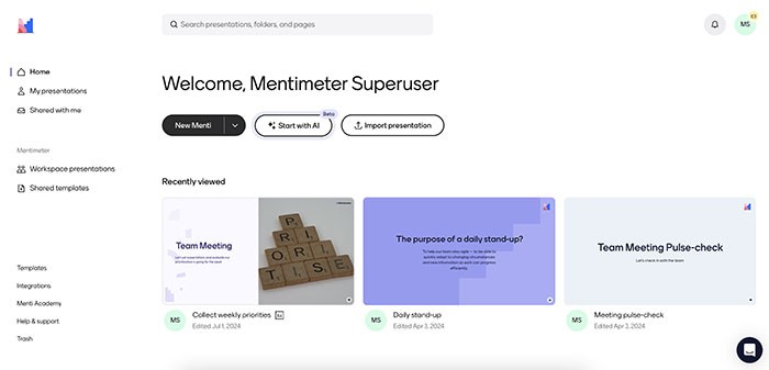 Giao diện chính của Mentimeter