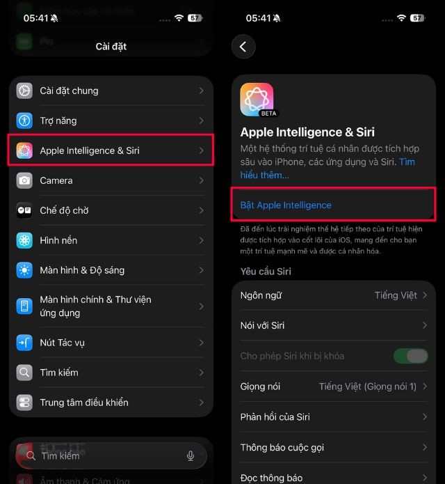 Nhấn vào mục Apple Intelligence & Siri > Ấn vào mục Bật Apple Intelligence