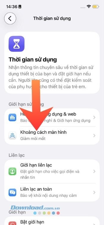 Chạm vào mục Khoảng cách màn hình
