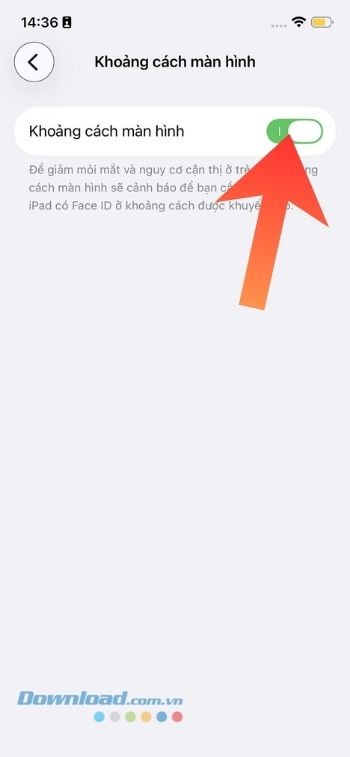 Gạt và tắt công tắc tại mục Khoảng cách màn hình