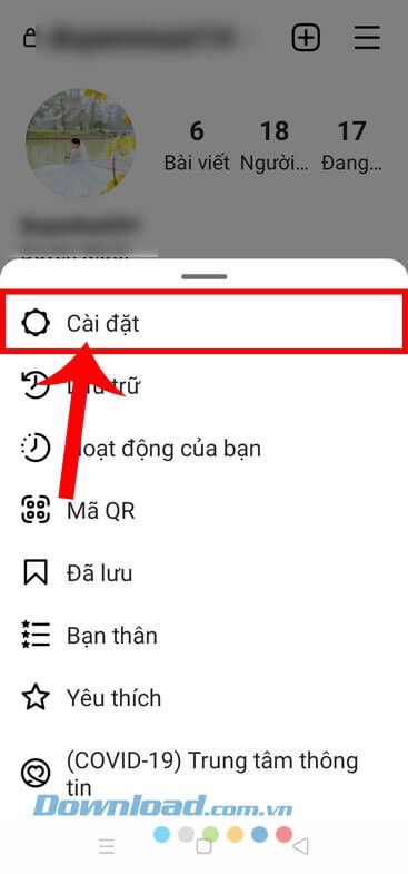 Nhấn vào mục Cài đặt