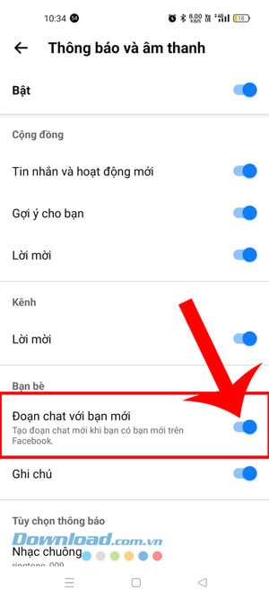 Gạt và tắt tại công tác tại mục Đoạn chat với bạn mới