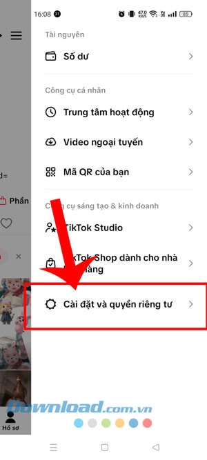 Chạm vào mục Cài đặt và quyền riêng tư