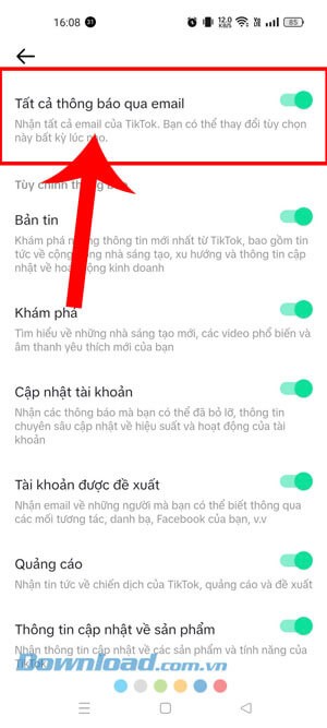 Tắt công tắc tại mục Tất cả thông báo qua Email
