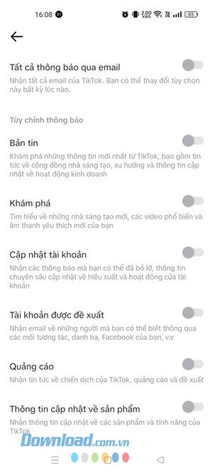 Đã tắt thông báo TikTok qua Gmail