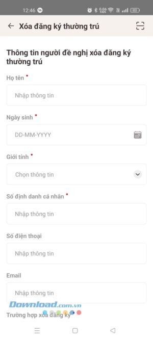 Nhập thông tin người đề nghị xóa đăng ký thường trú và thông tin chủ hộ