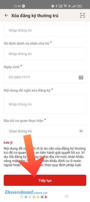 Chạm vào nút Tiếp tục và đợi duyệt hồ sơ