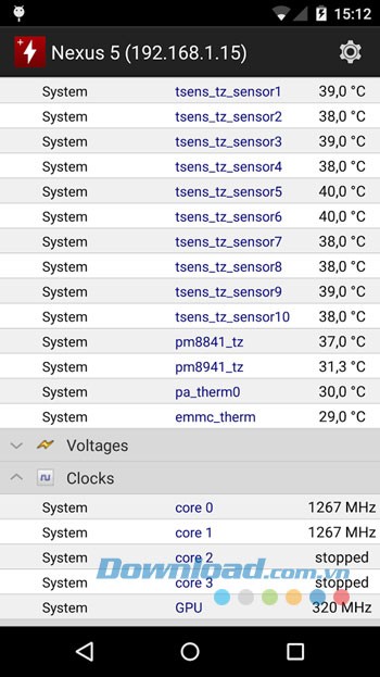 Giao diện sử dụng ứng dụng HWMonitor PRO trên Android
