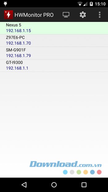 Giao diện sử dụng ứng dụng HWMonitor PRO trên Android