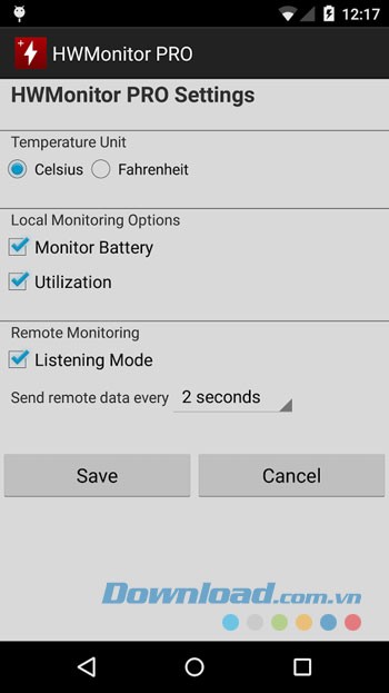 Giao diện sử dụng ứng dụng HWMonitor PRO trên Android