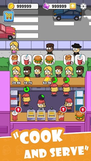 Bạn nấu và phục vụ đồ ăn cho khách hàng trong game Idle Food Bar Food Truck