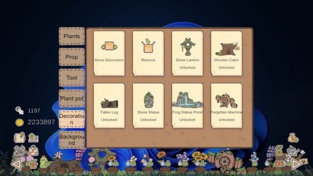 Tiến bộ trong Idle Garden game để mở khóa cây trồng, đồ trang trí mới