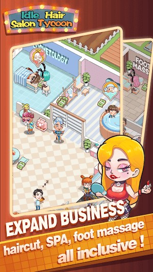 Mở rộng kinh doanh của bạn với các dịch vụ như cắt tóc, spa, mát xa chân trong Idle Hair Salon Tycoon