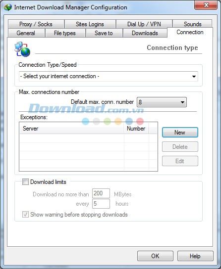 Lựa chọn tốc độ đường truyền tải file trên IDMa