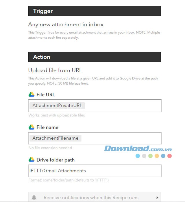 Cài đặt nâng cao của mỗi công thức trên IFTTT