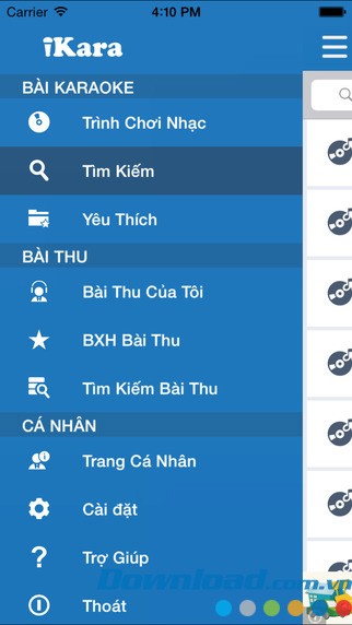 Danh mục chính của ứng dụng iKara