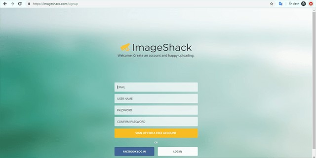 Đăng nhập ImageShack bằng tài khoản Facebook hoặc đăng ký miễn phí bằng Email