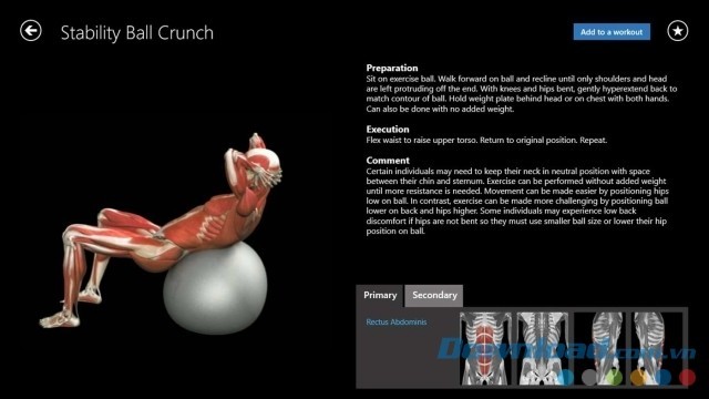 Xem thông tin chi tiết về từng bài tập trong ứng dụng tập thể dục iMuscle 2 cho máy tính