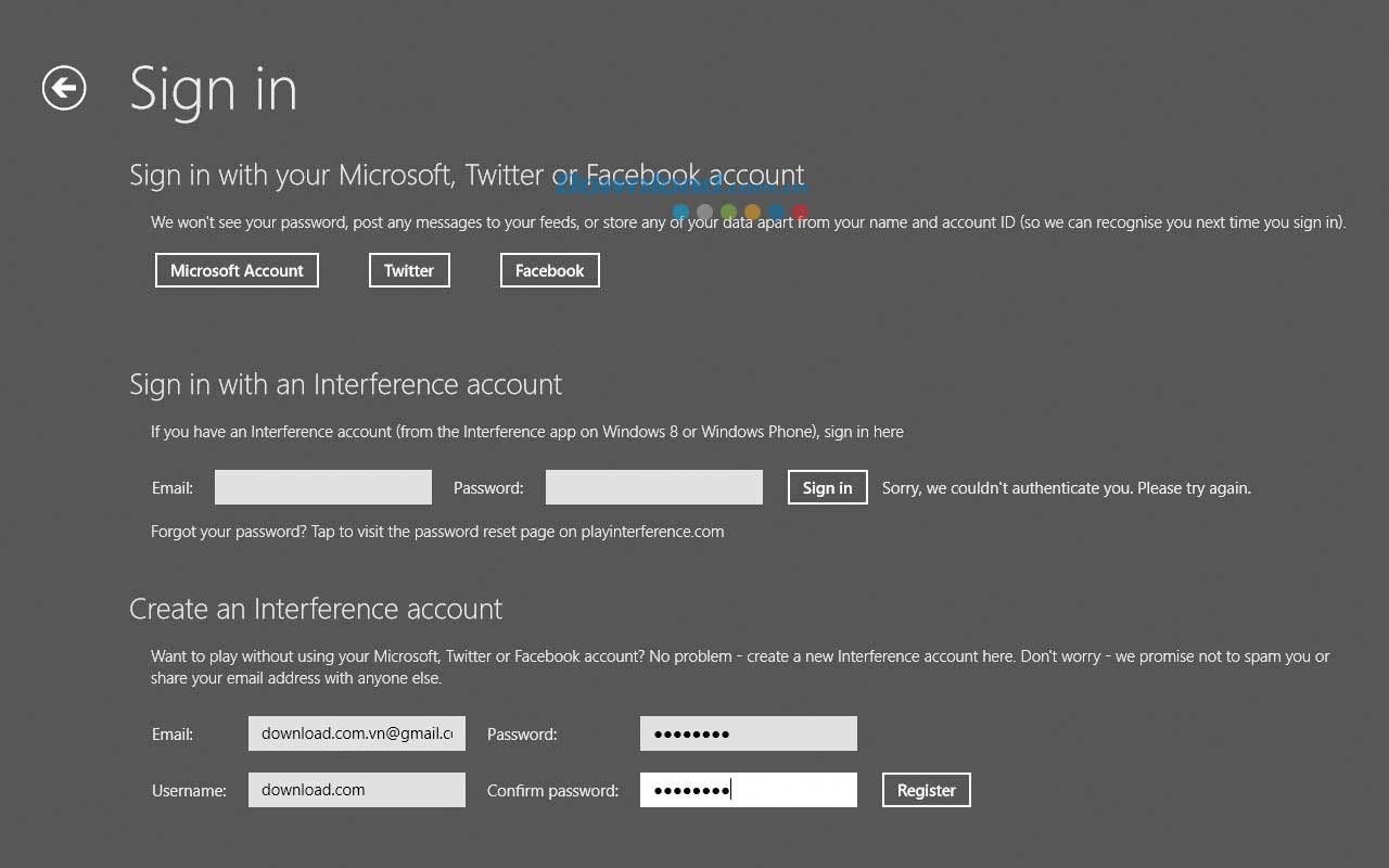 Sử dụng tài khoản Microsoft, Facebook, Twitter hoặc tạo tài khoản mới trên Interference