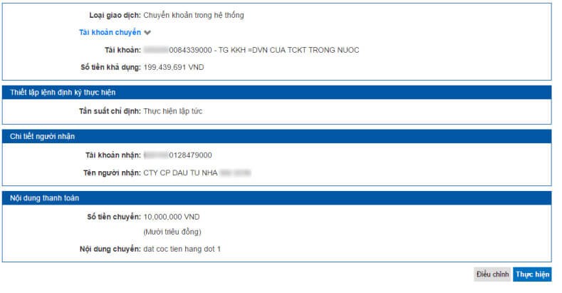 Thực hiện chuyển khoản tại Internet Banking VietABank
