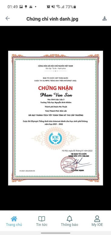 Chứng chỉ cuộc thi IOE