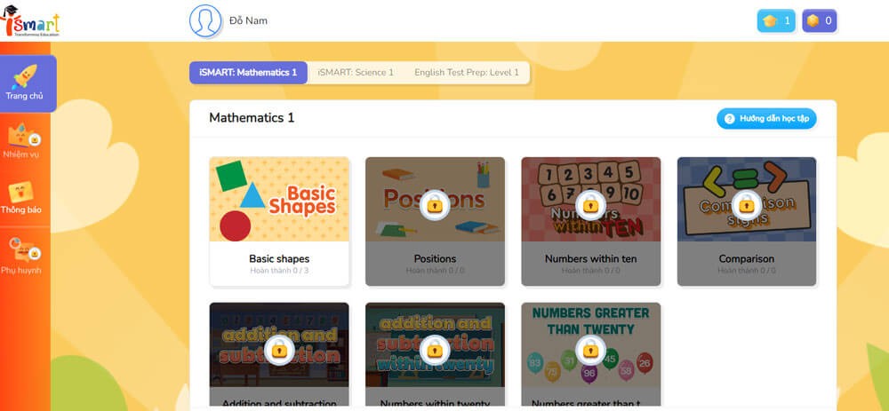 Giao diện học Tiếng Anh trực tuyến trên trang iSMART Pro