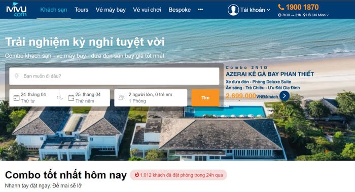 Giao diện trang chủ iVIVU - Đặt khách sạn, tour du lịch, vé máy bay
