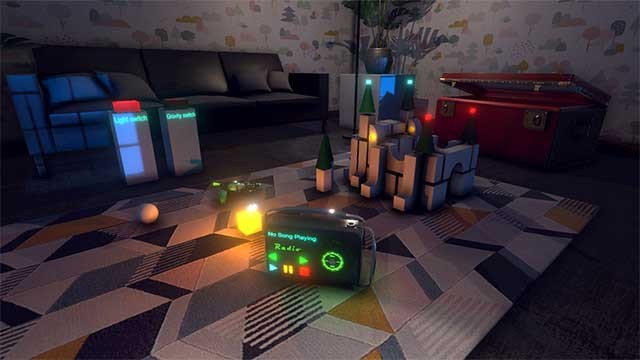 Game diễn ra trong một phòng chơi chứa đầy đồ chơi và các nút tương tác