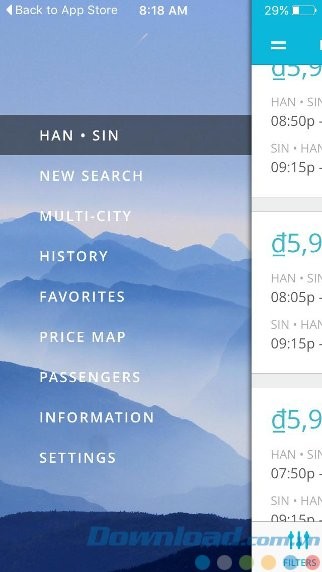 Thực đơn app Jetradar
