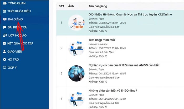 Giao diện bài giảng trên K12Online