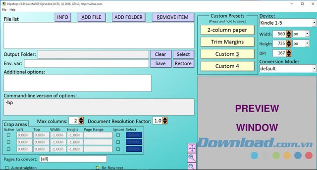 Giao diện dòng lệnh của ứng dụng chỉnh sửa tập tin PDF k2pdfopt cho máy tính