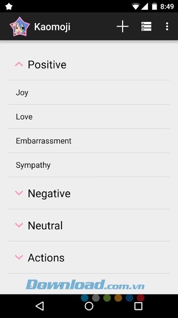 Kaomoji gồm nhiều thư mục khác nhau