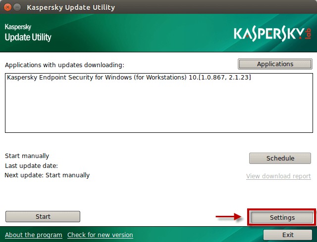 Vào thiết lập trên cửa sổ Kaspersky Update Utility