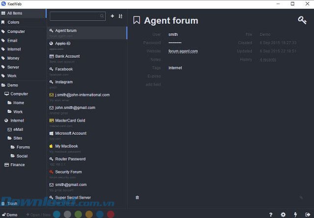 Giao diện phần mềm KeeWeb