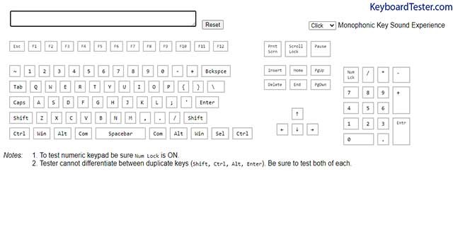Giao diện kiểm tra bàn phím của Keyboard Test