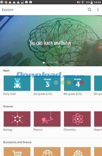 Giao diện ứng dụng Khan Academy cho Android