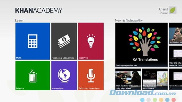 Giao diện ứng dụng Khan Academy cho Windows 8