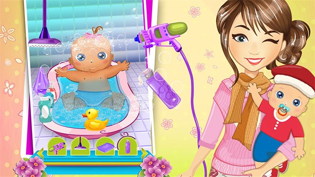 Tắm rửa cho em bé bằng các dụng cụ có sẵn trong game Kids Care Play