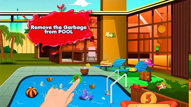 Thu gom rác thải và sắp xếp lại các vật dụng về đúng vị trí trong Kids Swimming Pool Repair