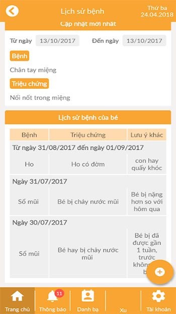 Lịch sử bệnh của bé trên KidsOnline