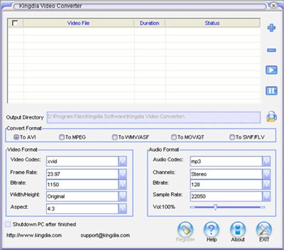 Kingdia Video to AVI/WMV/MPG/MOV/DVD/FLV Converter