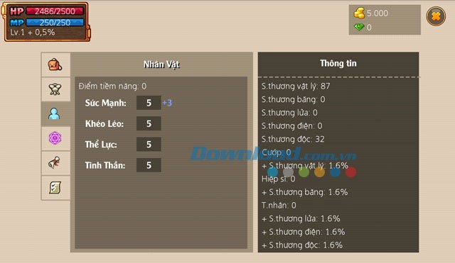 Knight Age hiển thị thông tin nhân vật