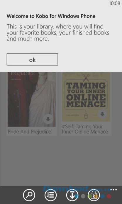 Màn hình chính của ứng dụng Kobo eBooks cho Windows Phone