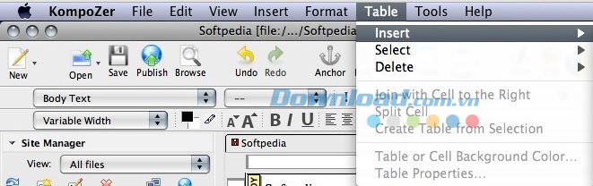 Chèn bảng biểu trong KompoZer