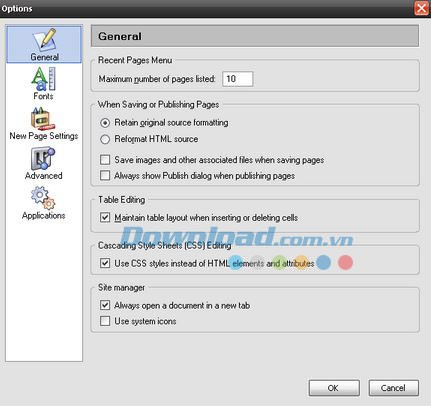 Các lựa chọn cài đặt trong KompoZer