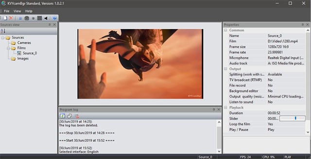 Giao diện của phần mềm camera ảo KVYcamBgr