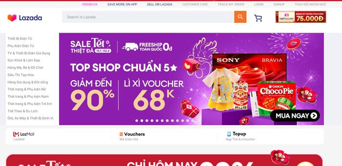 Giao diện chính của trang Lazada - Mua sắm trực tuyến