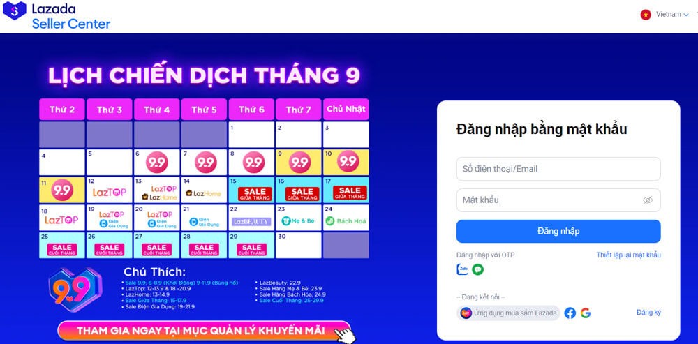 Giao diện đăng nhập tải khoản Lazada Seller Center